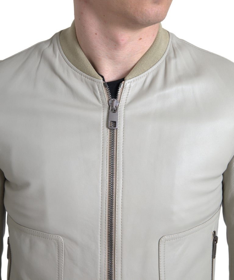 Cremefarbene Lederbomber-Blousonjacke mit durchgehendem Reißverschluss