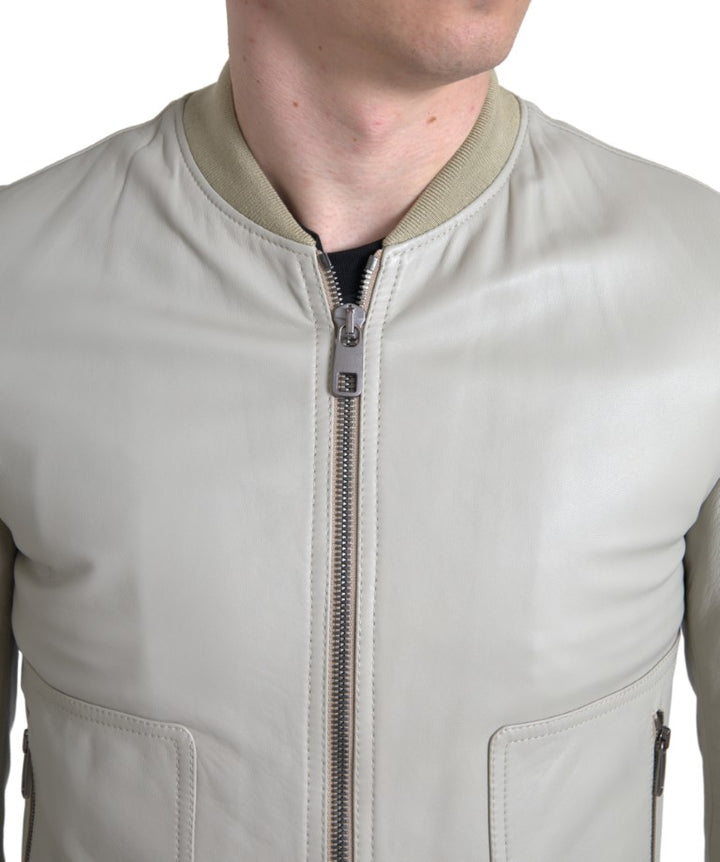 Cremefarbene Lederbomber-Blousonjacke mit durchgehendem Reißverschluss