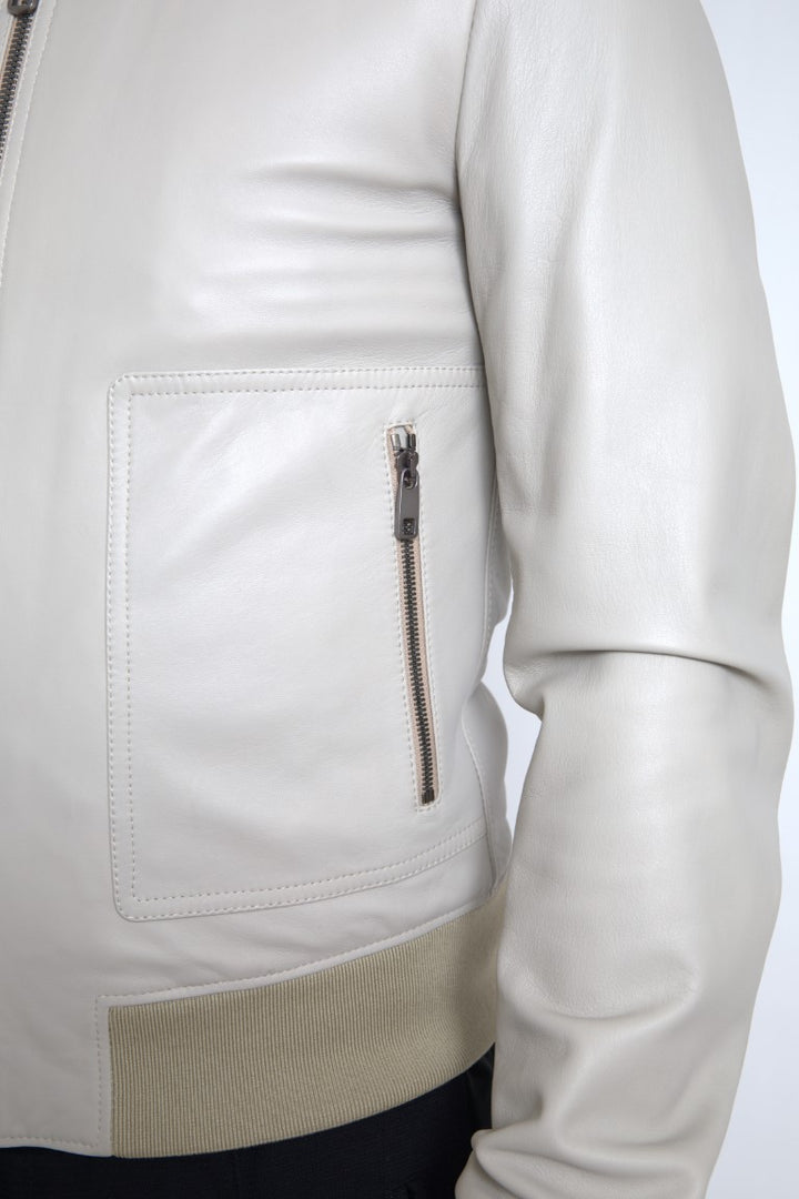 Cremefarbene Lederbomber-Blousonjacke mit durchgehendem Reißverschluss