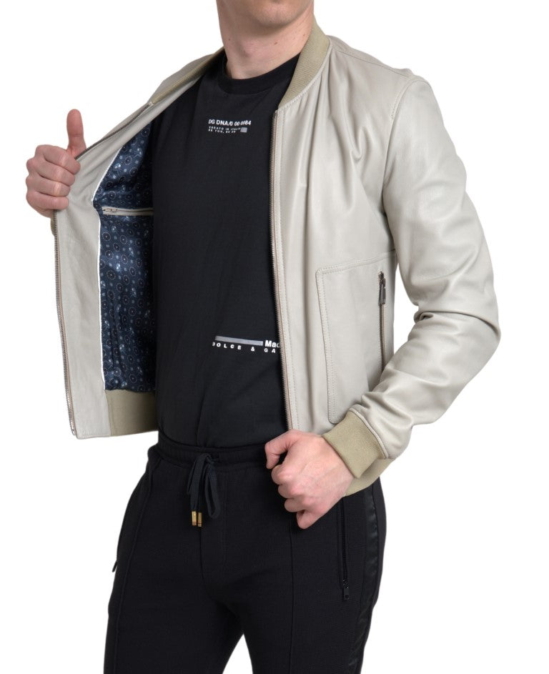 Cremefarbene Lederbomber-Blousonjacke mit durchgehendem Reißverschluss