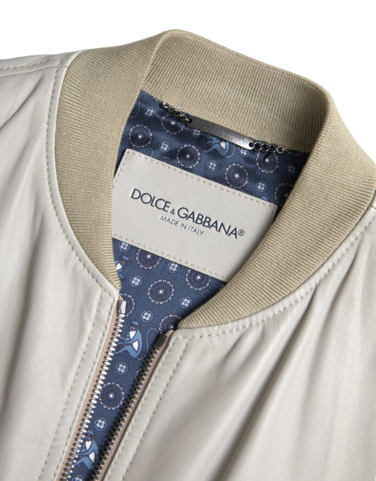 Cremefarbene Lederbomber-Blousonjacke mit durchgehendem Reißverschluss