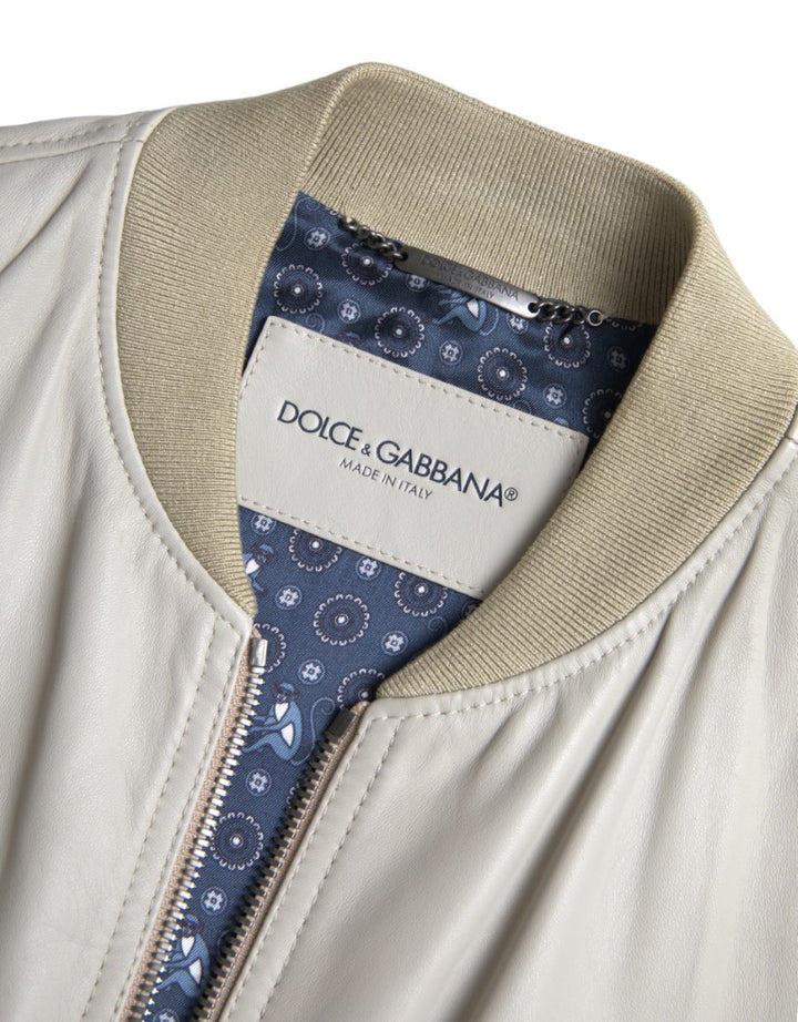 Cremefarbene Lederbomber-Blousonjacke mit durchgehendem Reißverschluss