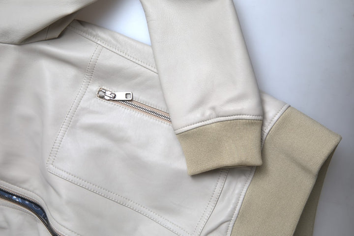 Cremefarbene Lederbomber-Blousonjacke mit durchgehendem Reißverschluss