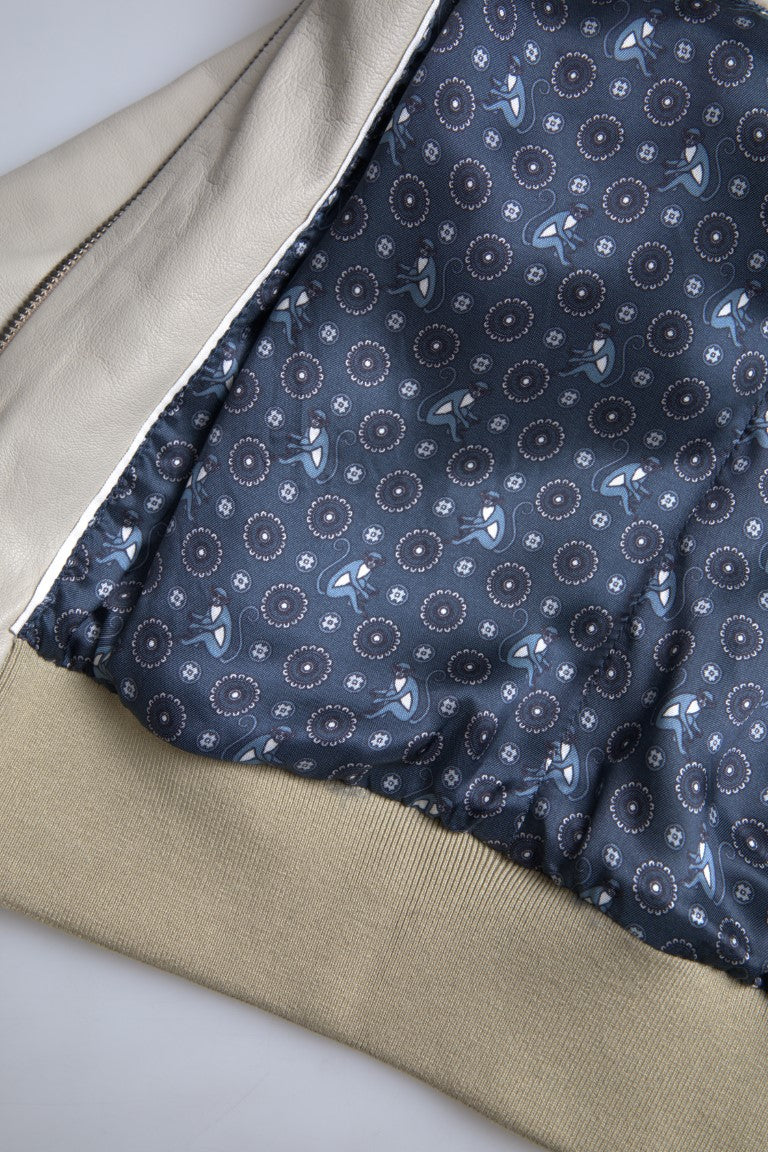 Cremefarbene Lederbomber-Blousonjacke mit durchgehendem Reißverschluss