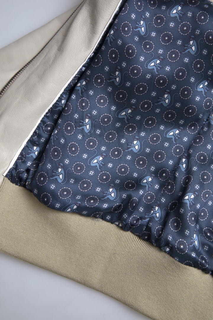 Cremefarbene Lederbomber-Blousonjacke mit durchgehendem Reißverschluss