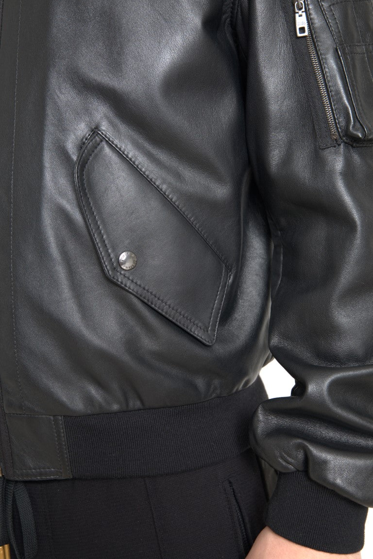 Elegant black leather bomber jacket