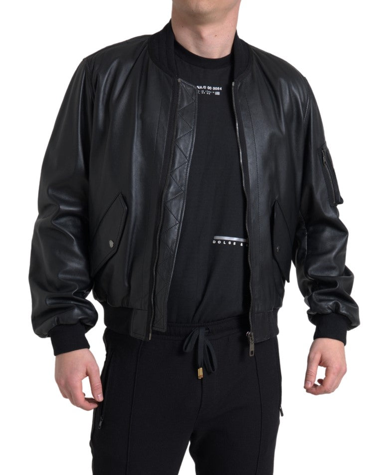 Elegant black leather bomber jacket
