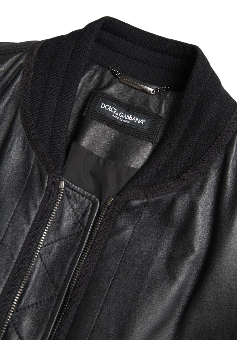 Elegant black leather bomber jacket