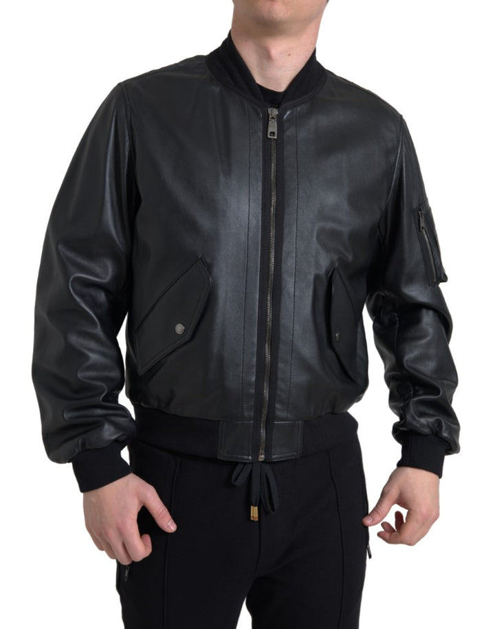 Elegant black leather bomber jacket