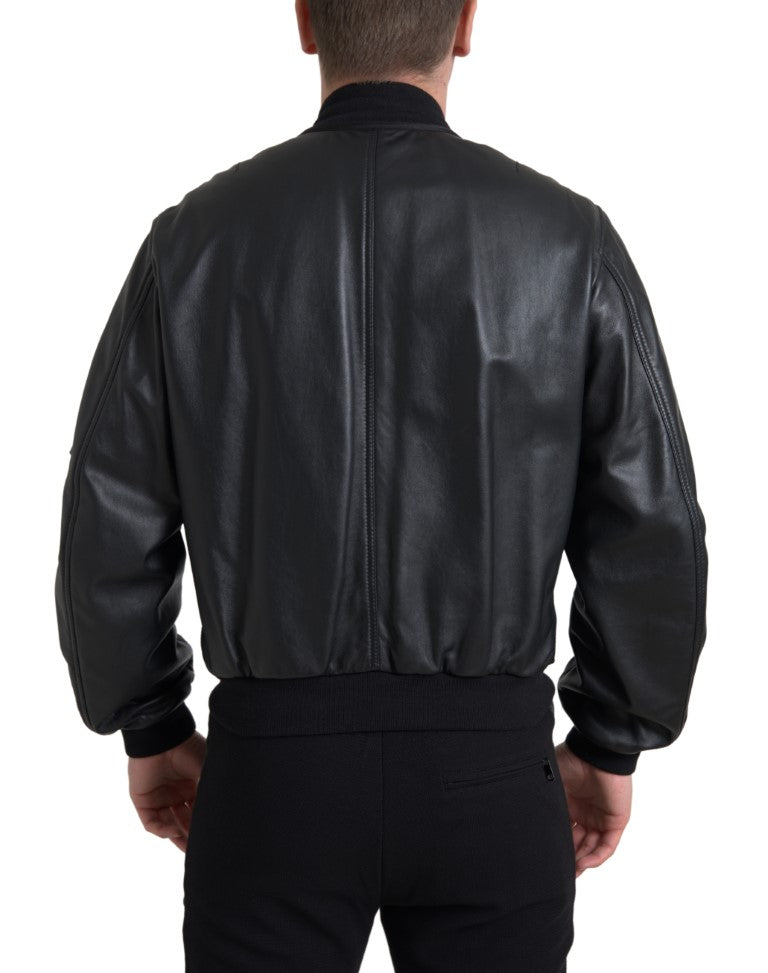 Elegant black leather bomber jacket