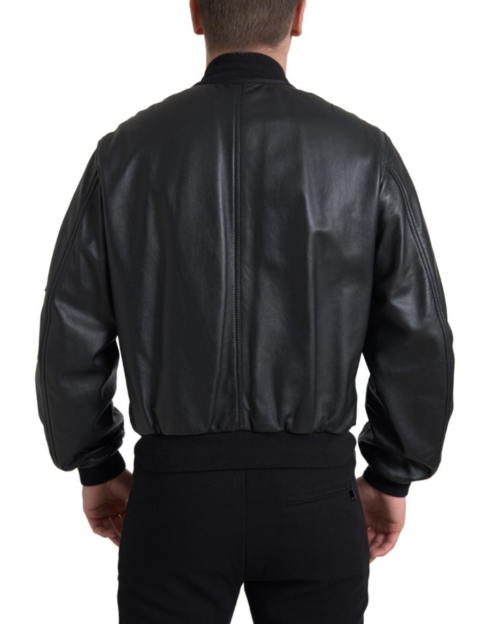 Elegant black leather bomber jacket