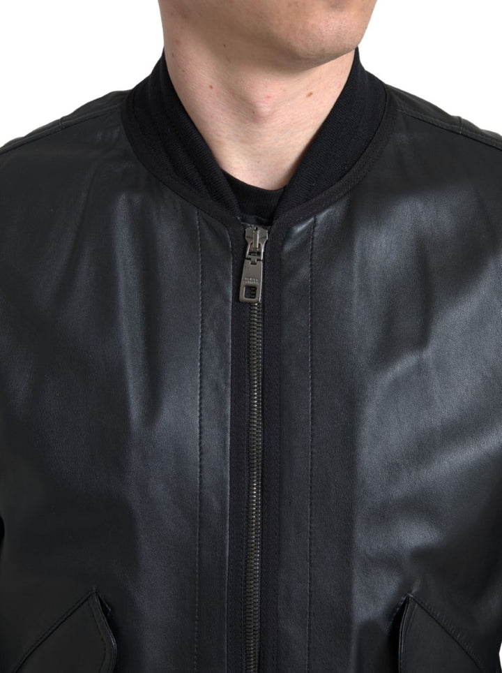 Elegant black leather bomber jacket