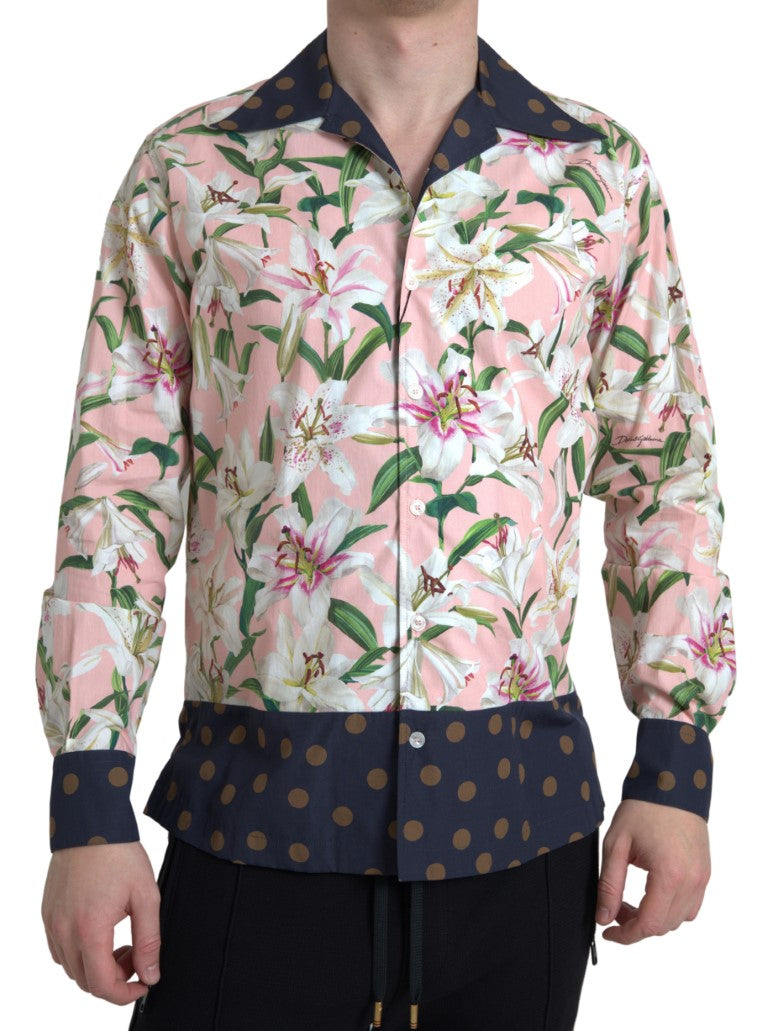 Baumwoll-Polka Dot Lily Print Hemd mit Kragen