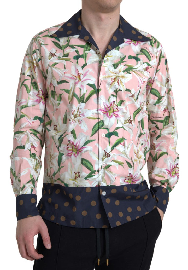 Baumwoll-Polka Dot Lily Print Hemd mit Kragen