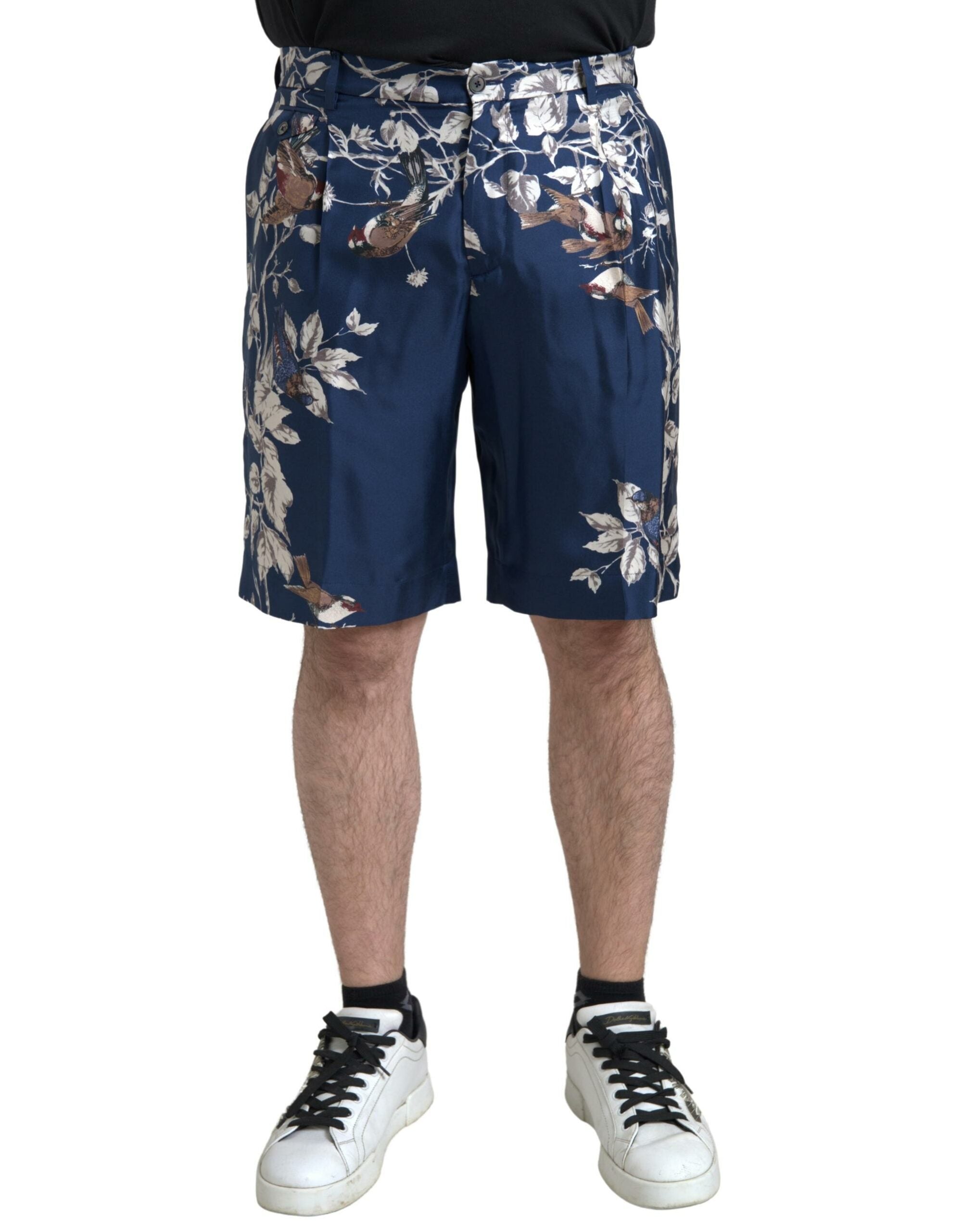 Blaue Bermudashorts mit Blumendruck aus Seide für Männer