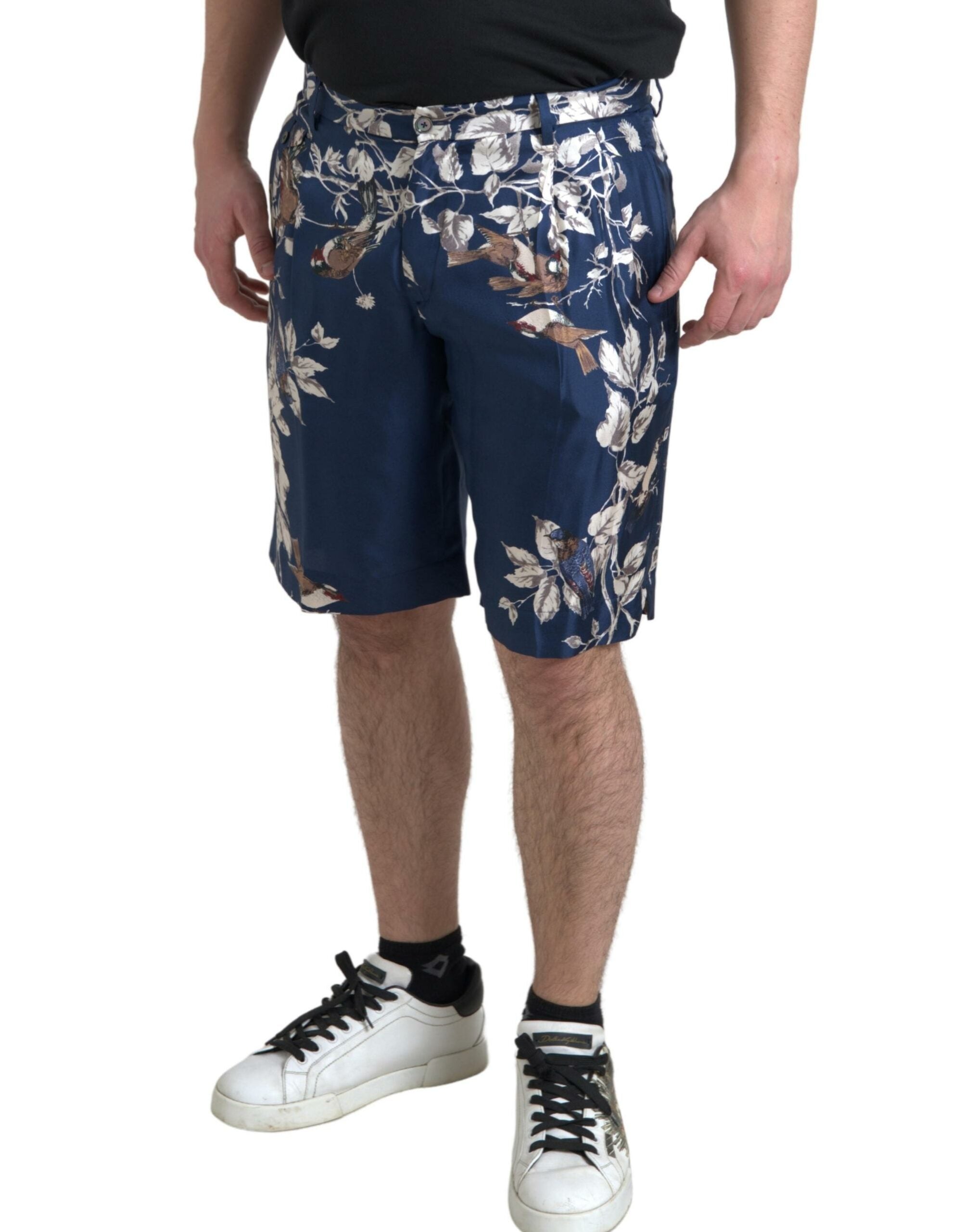 Blaue Bermudashorts mit Blumendruck aus Seide für Männer