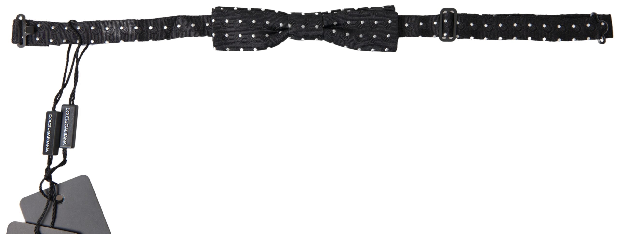 Elegant black silk bow tie with signature clasp