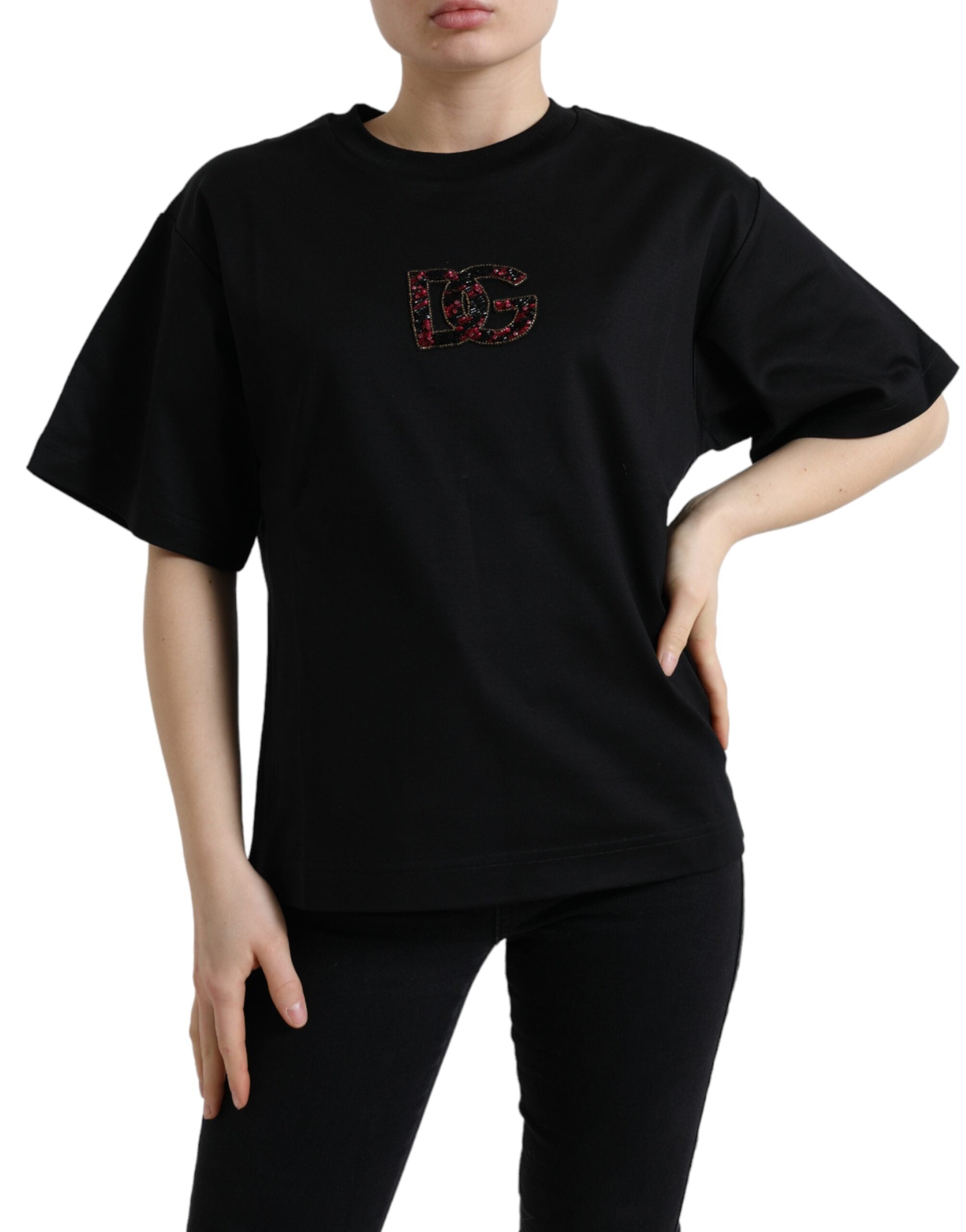 Elegant black T-shirt with crystal decoration