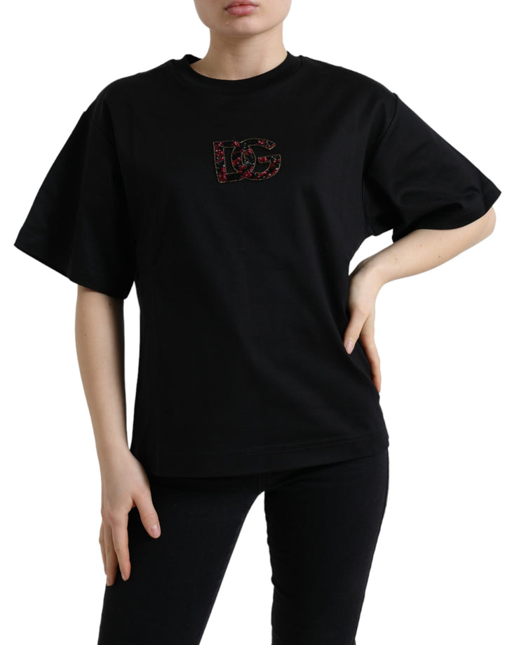 Elegant black T-shirt with crystal decoration