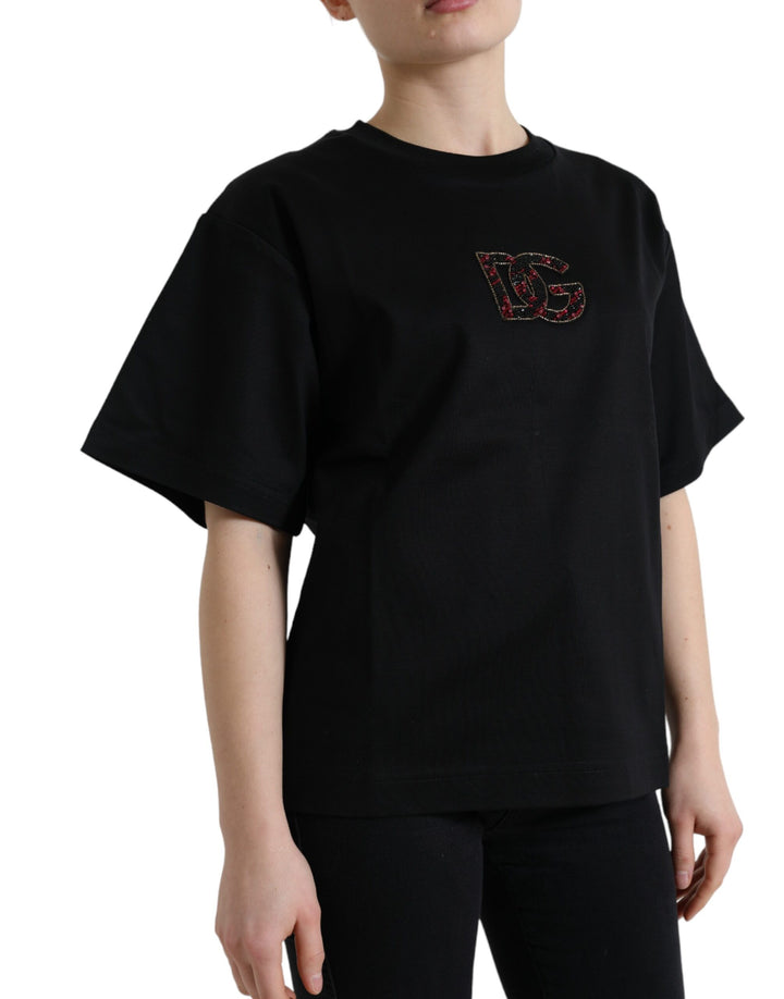 Elegant black T-shirt with crystal decoration