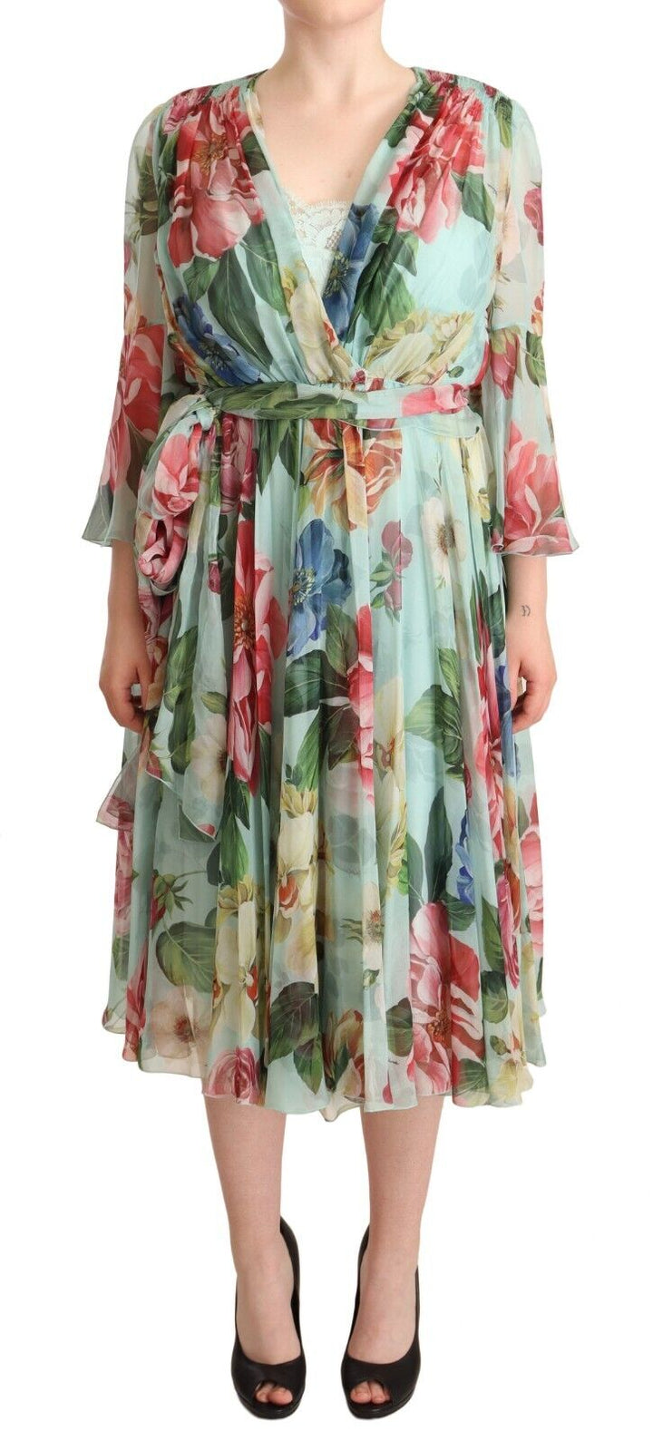 Multicolor Grün Floral Seiden Wickel Midikleid