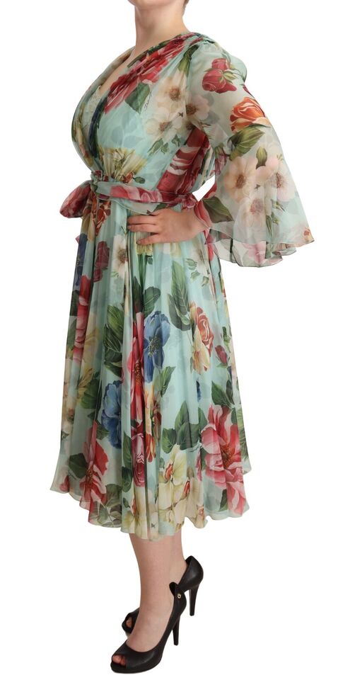 Multicolor Grün Floral Seiden Wickel Midikleid