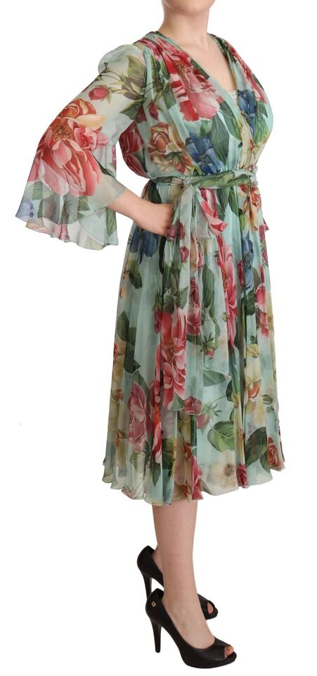 Multicolor Grün Floral Seiden Wickel Midikleid