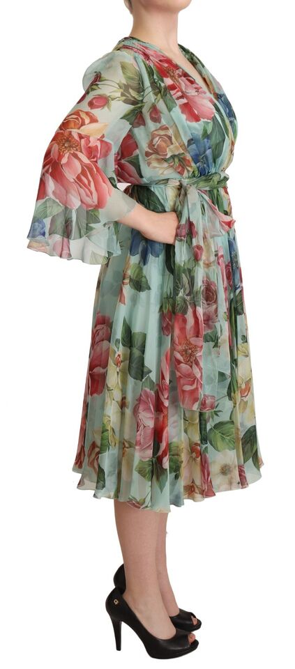Multicolor Grün Floral Seiden Wickel Midikleid