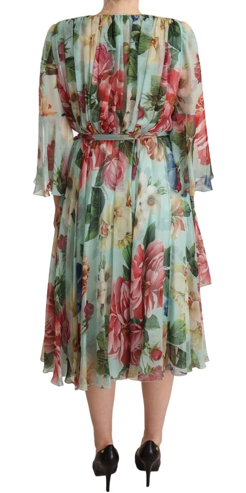 Multicolor Grün Floral Seiden Wickel Midikleid