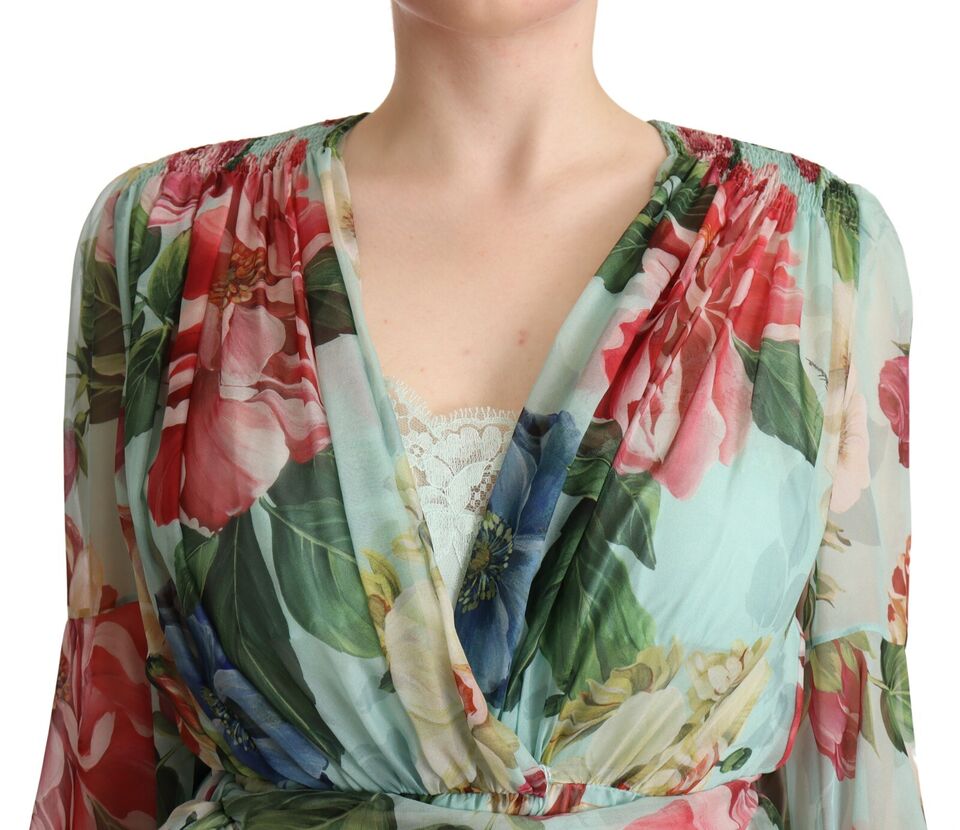 Multicolor Grün Floral Seiden Wickel Midikleid