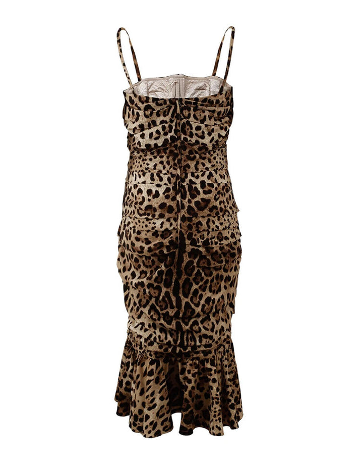 Braunes Midikleid mit Leopardenmuster und Rüschen