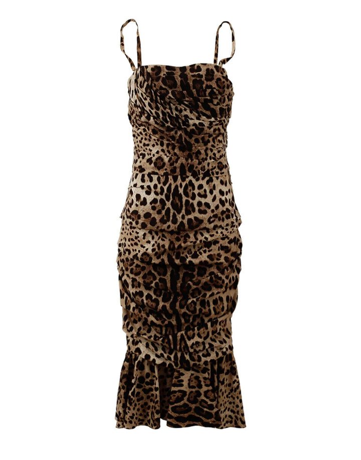 Braunes Midikleid mit Leopardenmuster und Rüschen