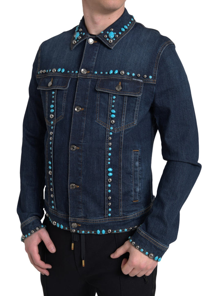 Turquoise denim jacket with embellishments