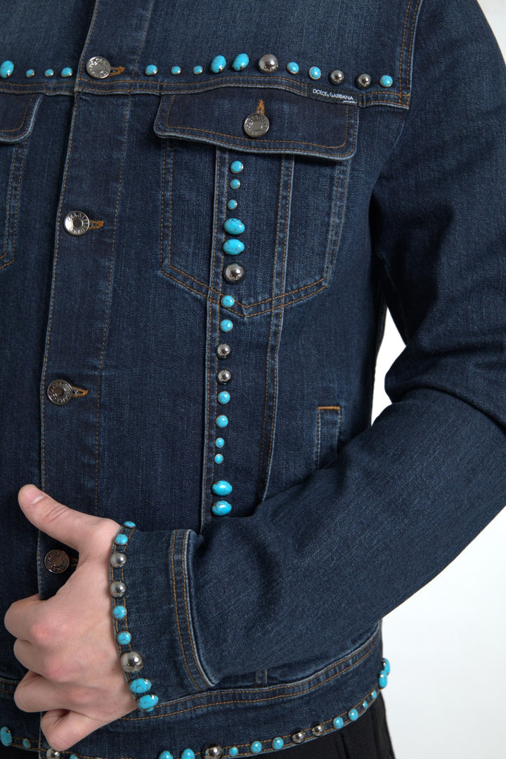 Turquoise denim jacket with embellishments