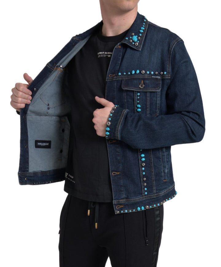 Turquoise denim jacket with embellishments