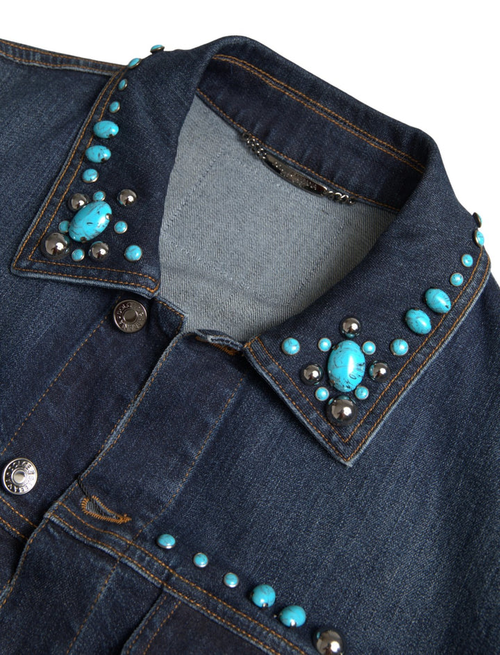 Turquoise denim jacket with embellishments