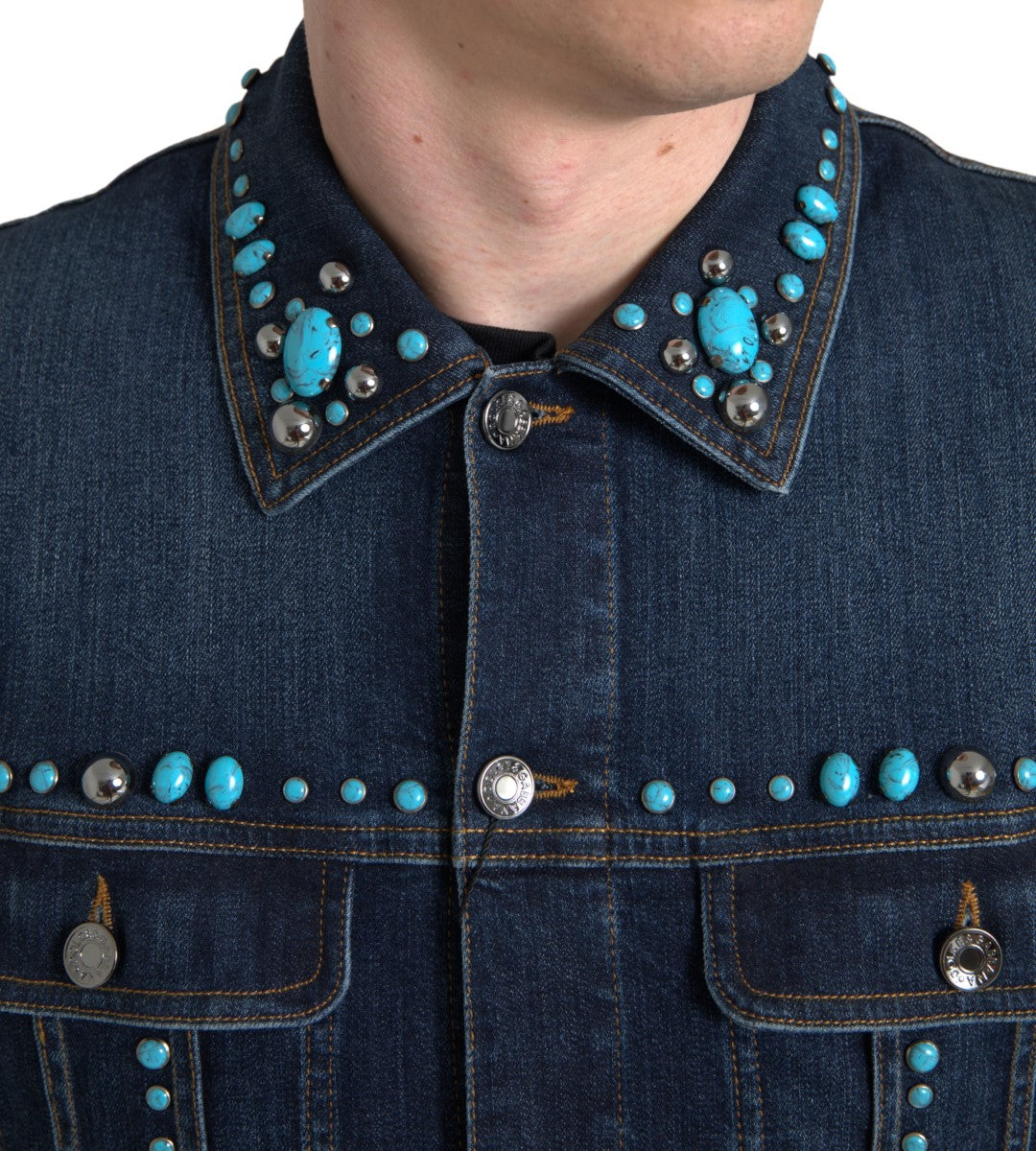 Turquoise denim jacket with embellishments
