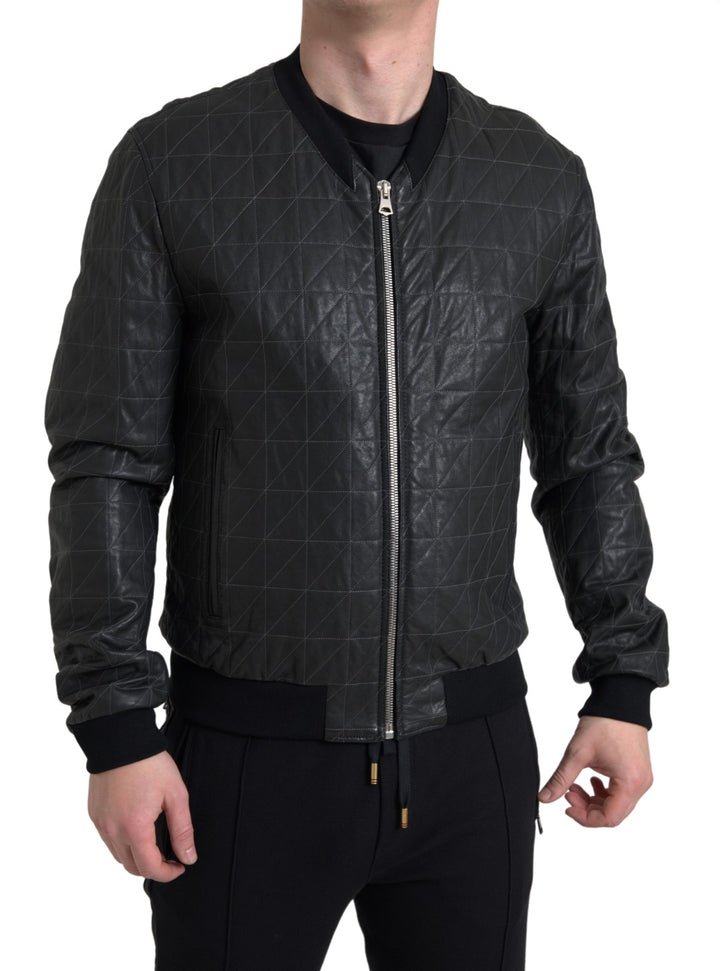 Schwarzer Leder Bombermantel Jacke mit Reißverschluss
