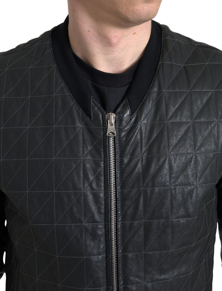 Schwarzer Leder Bombermantel Jacke mit Reißverschluss