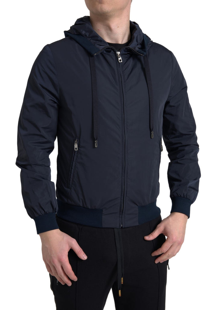 Blauer Logo-Pullover mit Kapuze und durchgehendem Reißverschluss aus Polyester