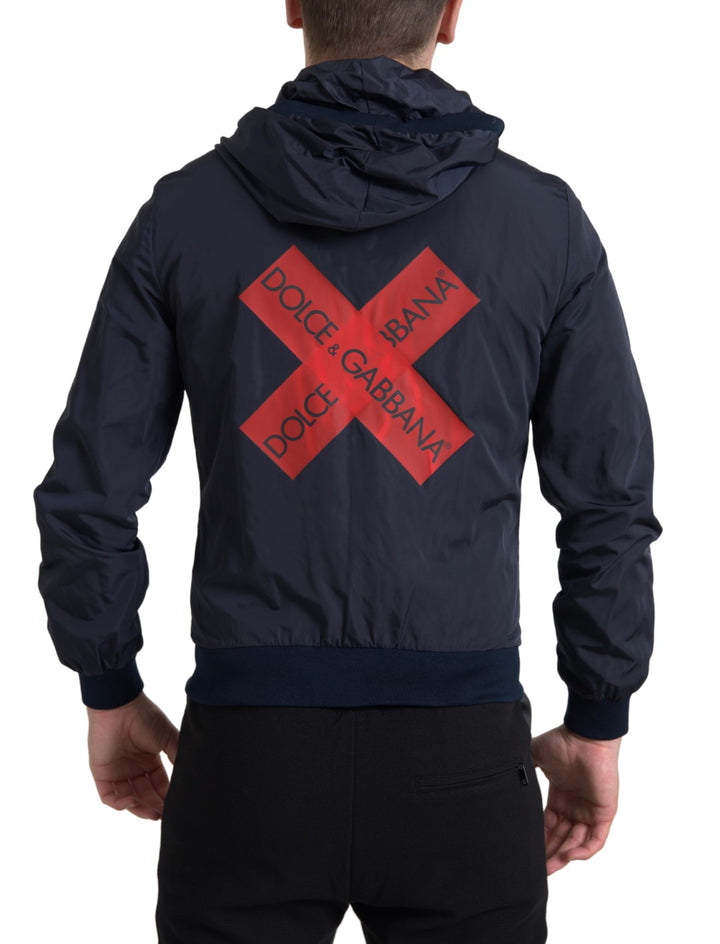 Blauer Logo-Pullover mit Kapuze und durchgehendem Reißverschluss aus Polyester