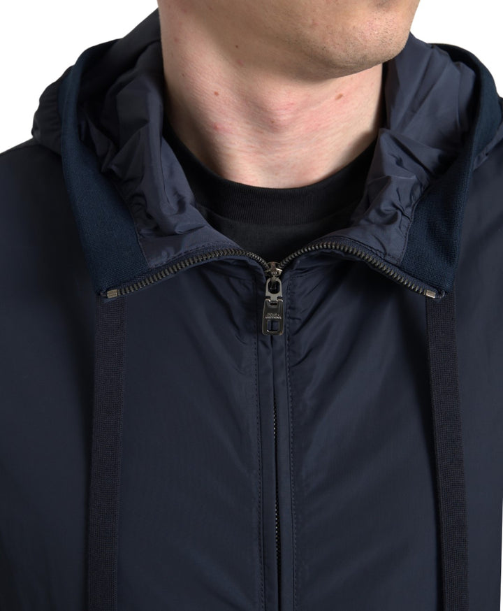 Blauer Logo-Pullover mit Kapuze und durchgehendem Reißverschluss aus Polyester