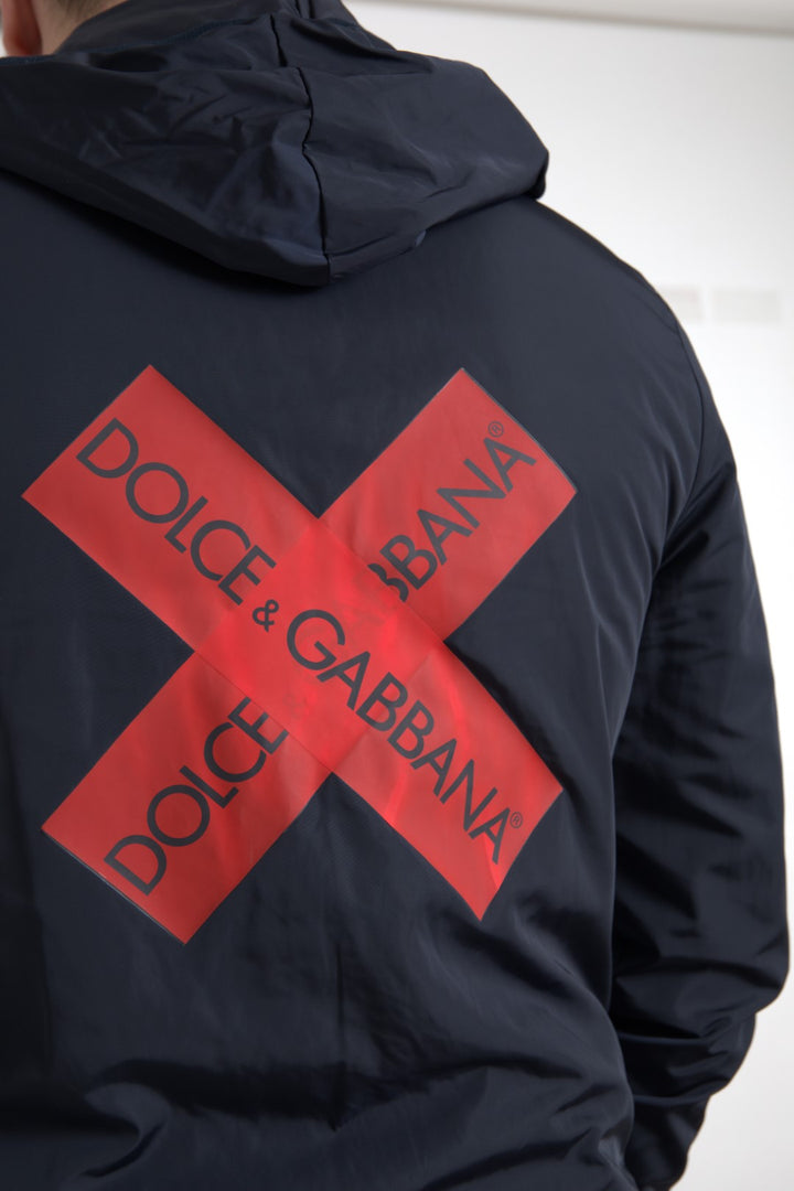 Blauer Logo-Pullover mit Kapuze und durchgehendem Reißverschluss aus Polyester