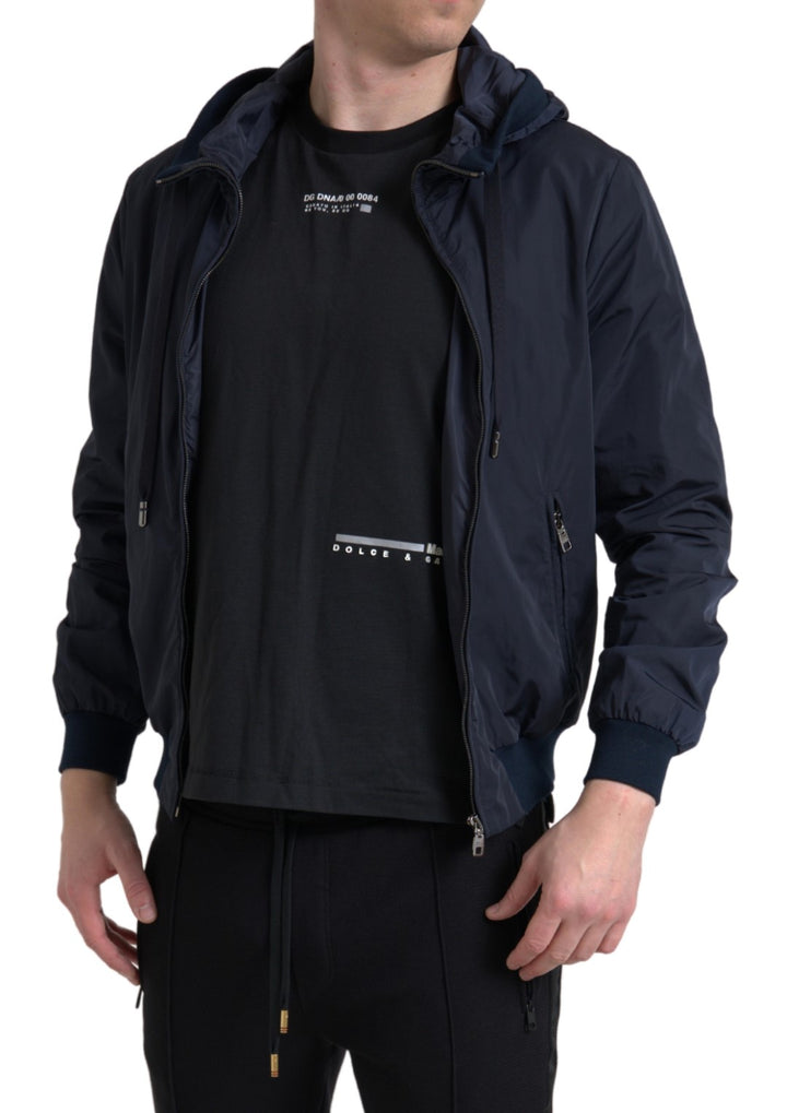 Blauer Logo-Pullover mit Kapuze und durchgehendem Reißverschluss aus Polyester