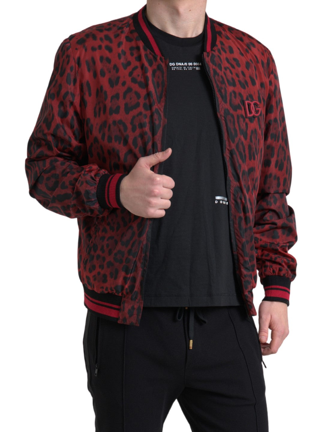 Red bomber jacket with leopard print