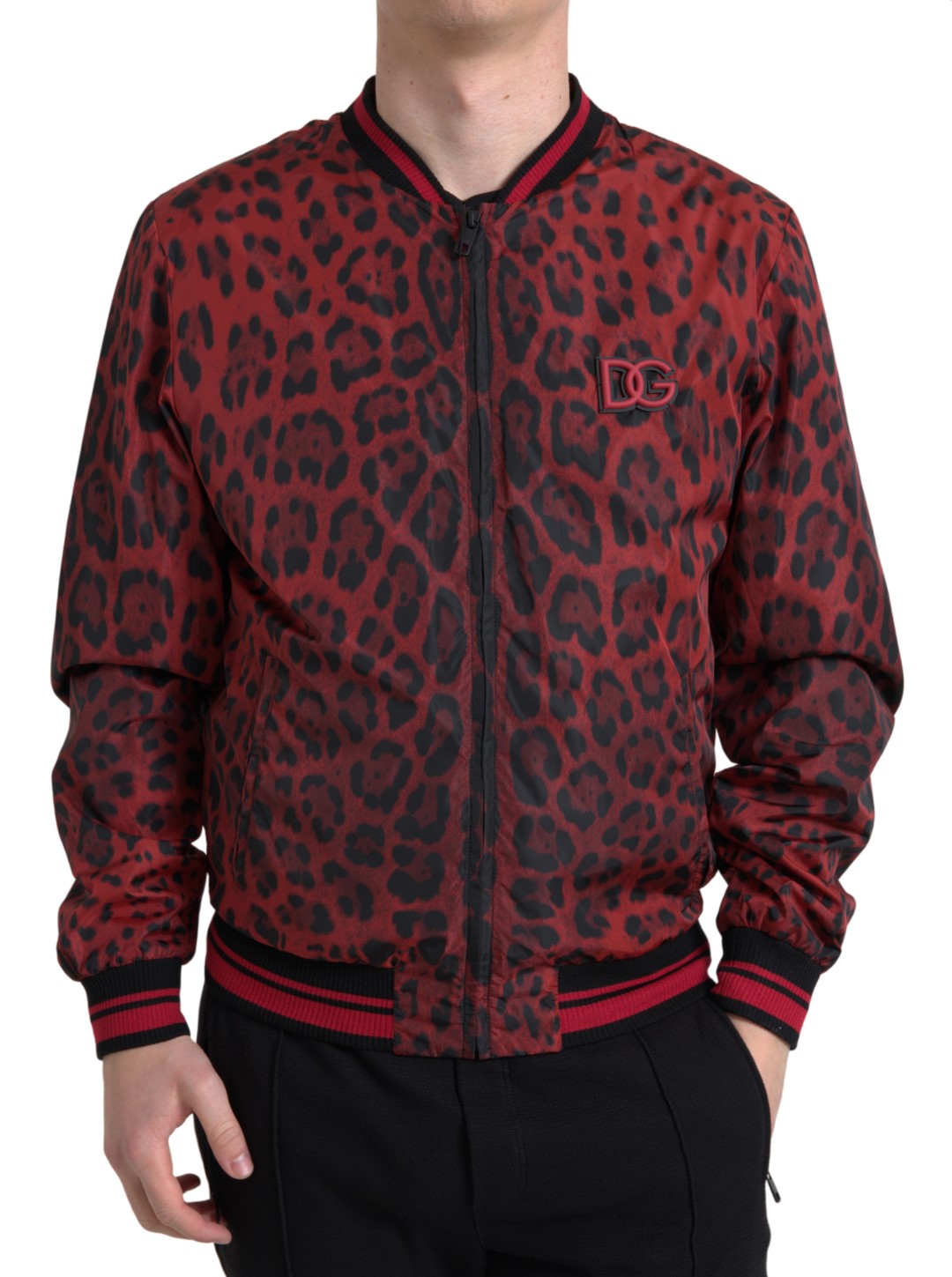 Red bomber jacket with leopard print