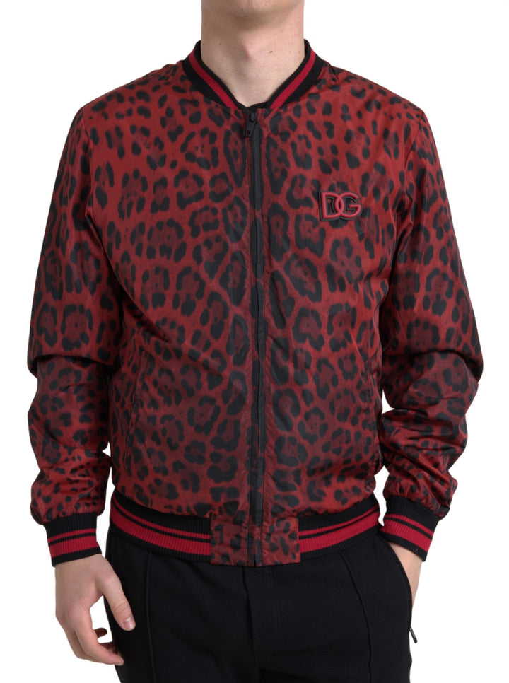 Red bomber jacket with leopard print
