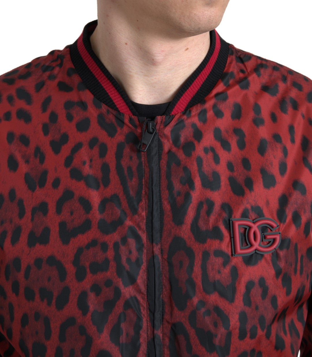 Red bomber jacket with leopard print