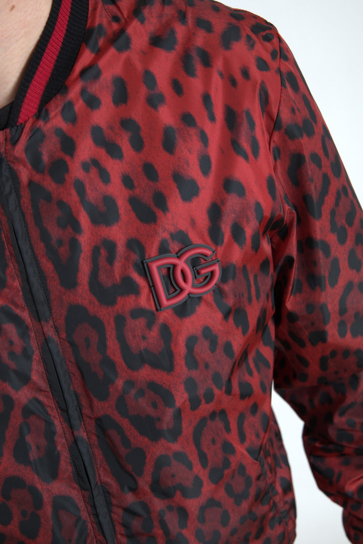 Red bomber jacket with leopard print