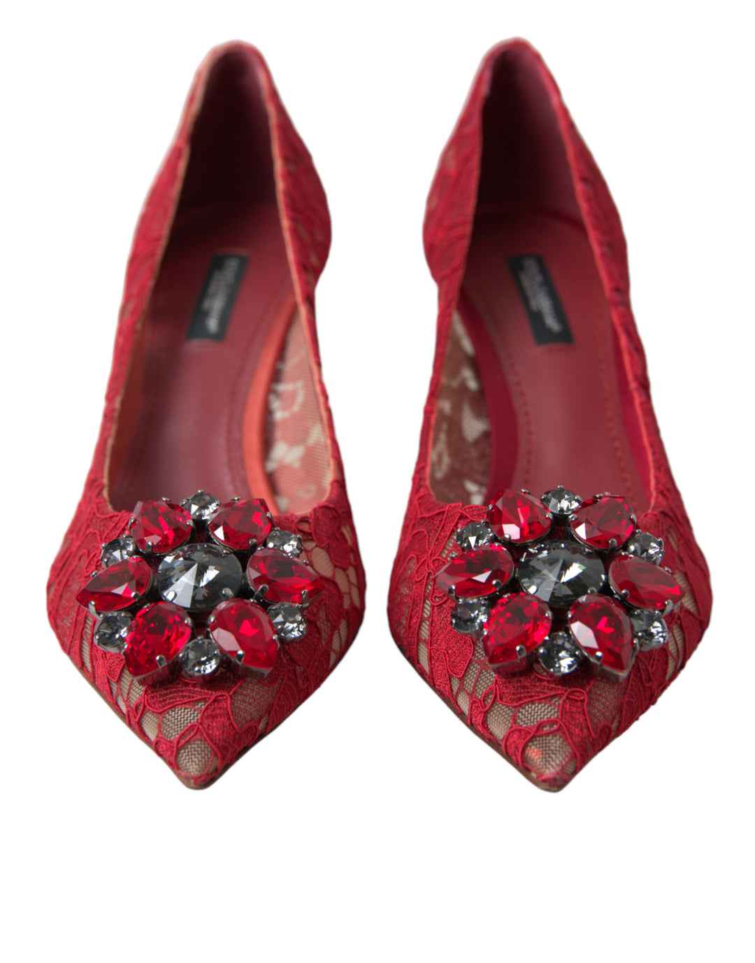 Bright red lace heels with crystals